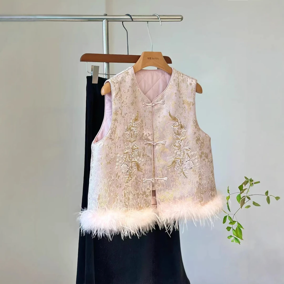 新中式国风提花拼接鸵鸟毛高级感坎肩秋冬加棉洋气马甲轻奢上衣