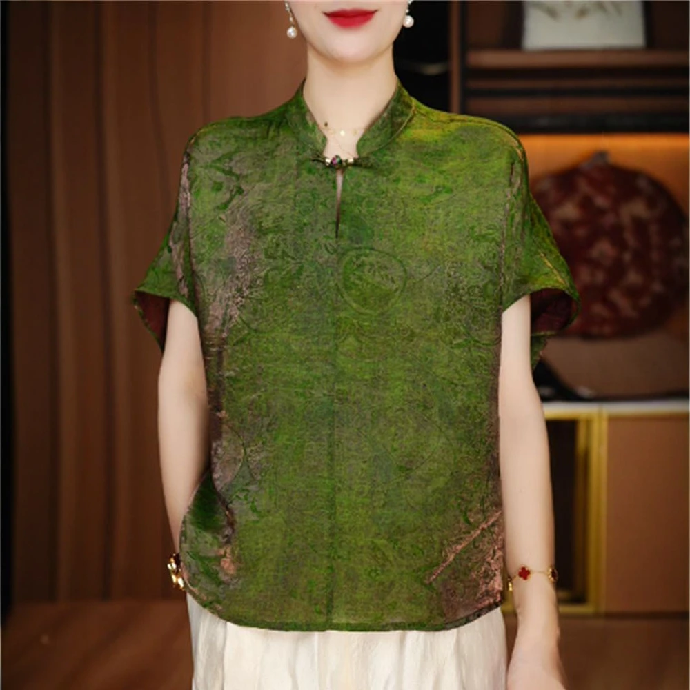国风新款浮光绿小衫夏季新中式薄款提花宽松显瘦E优雅纯色妈妈装