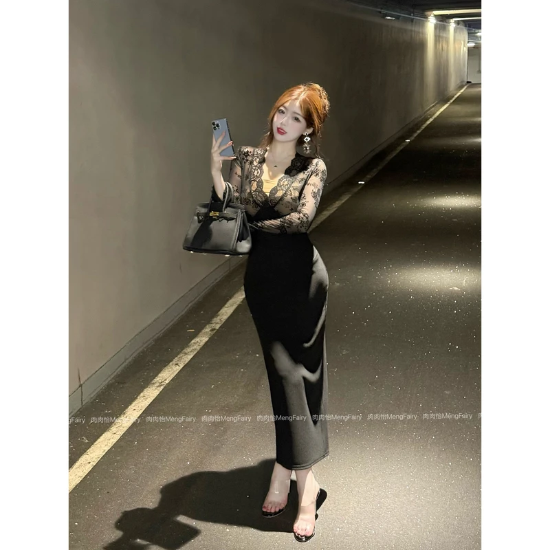 萌面侠肉肉怡 现货【顶楼贵妇】法式修身V领高级显瘦连衣裙5655B