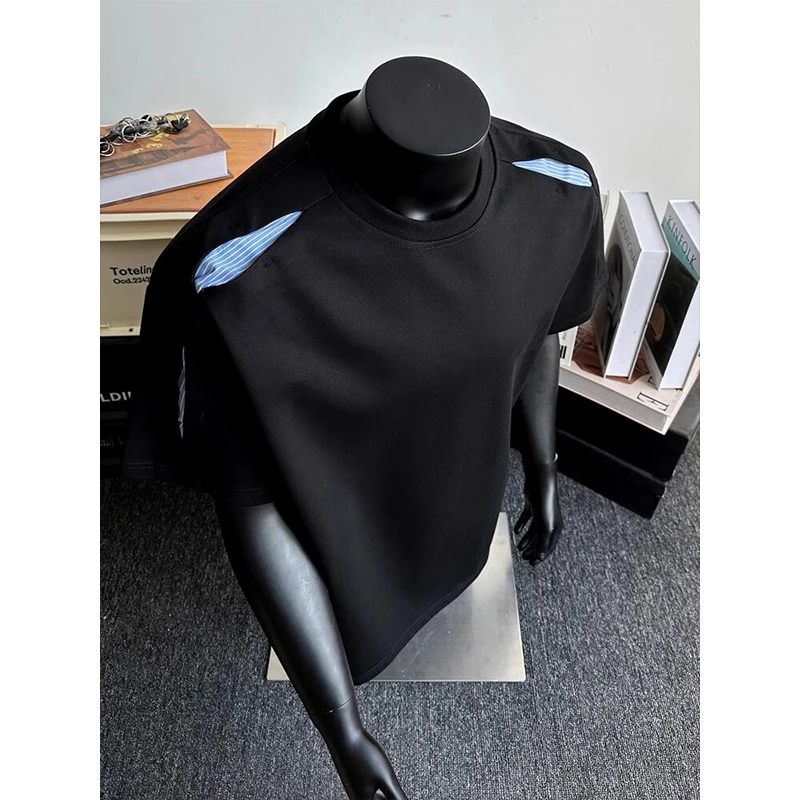 美式复古解构拼接条纹T恤男款夏季设计感小领口短袖正肩五分半袖