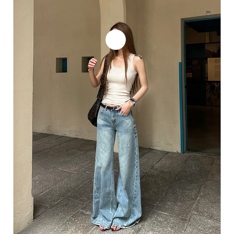 美式复古做旧水洗磨破牛仔裤女2025冬季宽松阔腿立体剪裁休闲长裤