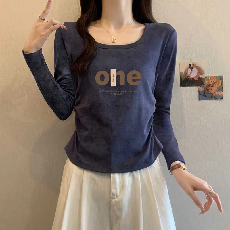 秋季方领纯棉扎染正肩长袖t恤女收腰辣妹风短款U领打底衫内搭上衣