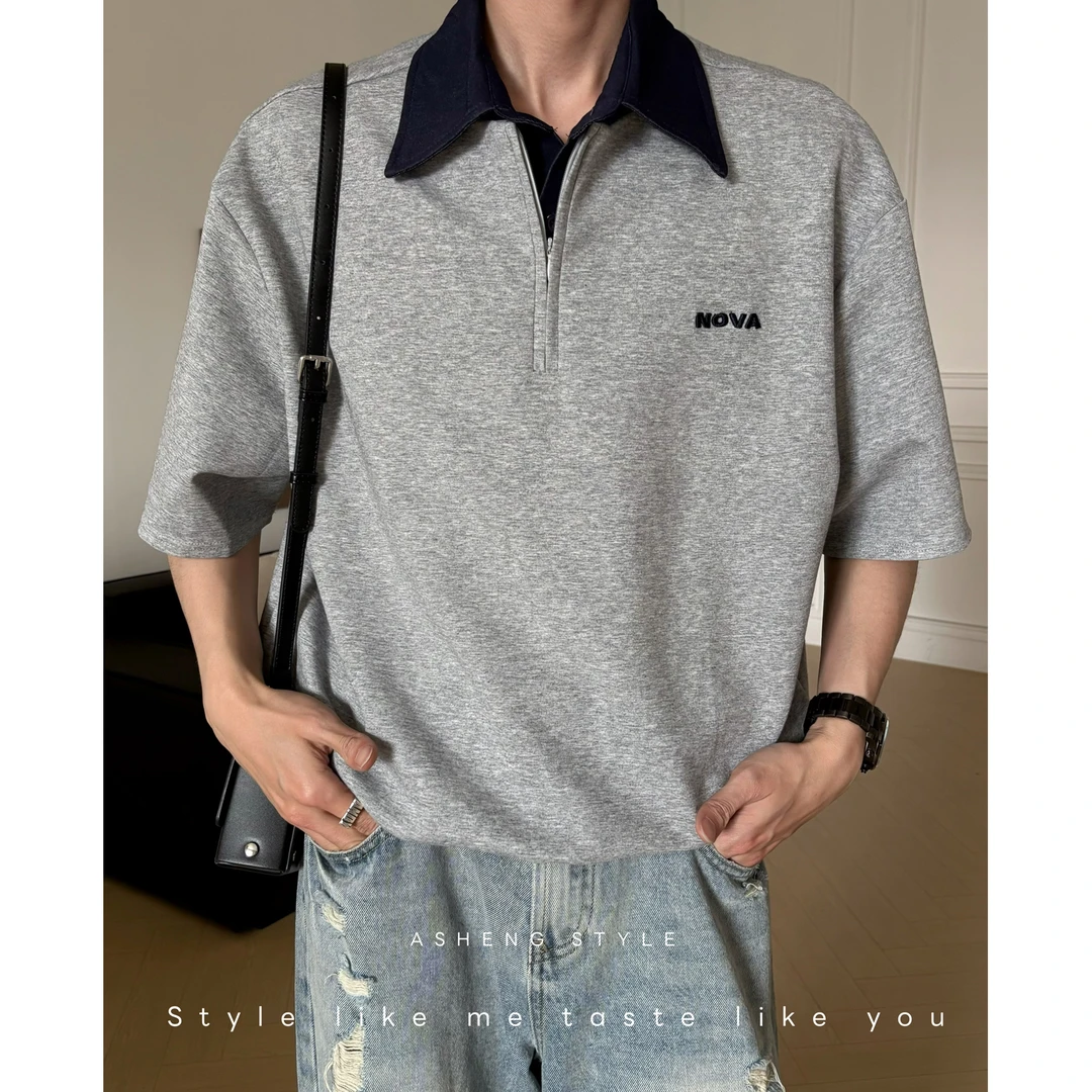 小众设计感半拉链撞色拼接翻领polo衫男宽松休闲百搭短袖T恤