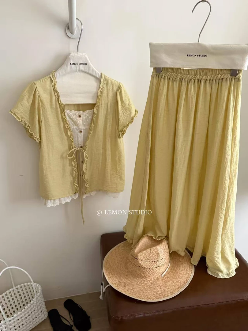 lemon@935 （衣长60 裙长82）韩系假两件木耳花边小衫半裙套装 5-30