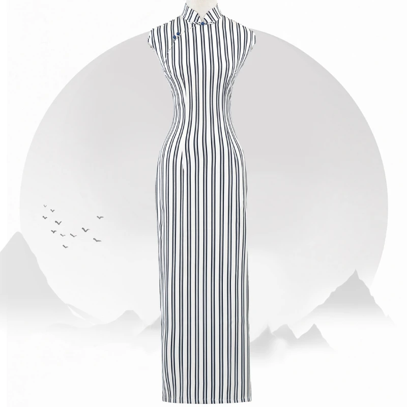 GL0005黑白双色竖条纹无袖中国风旗袍女款显瘦中式连衣裙半开襟