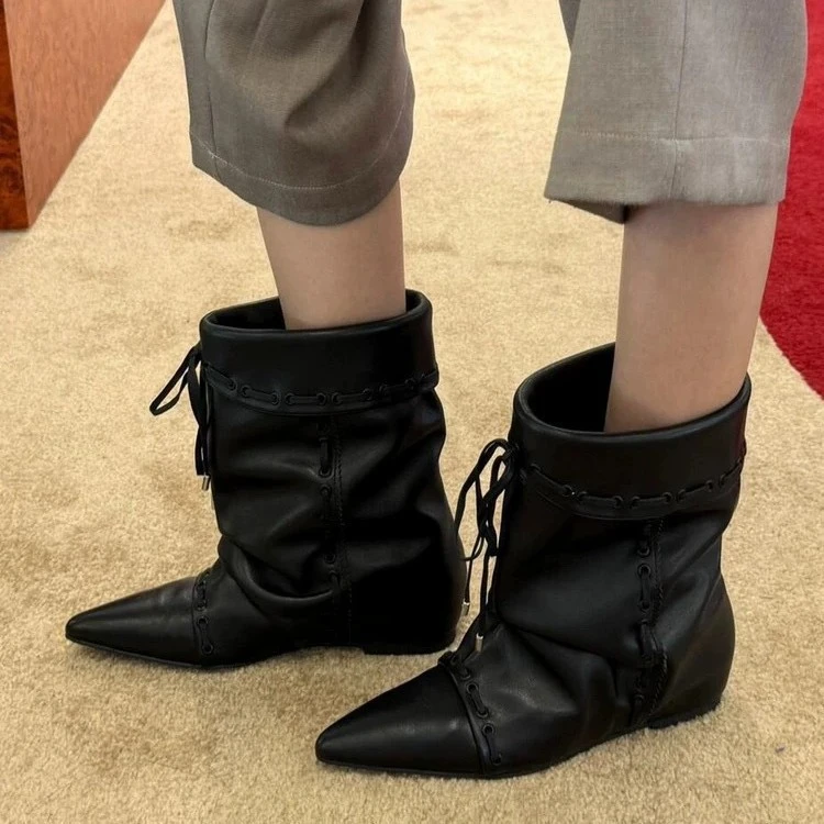 牛皮版~内增高小众褶皱尖头西部牛仔靴短靴女秋冬时装靴中筒靴