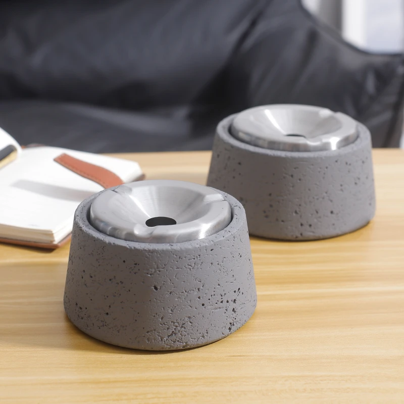 简约高档带盖水泥烟灰缸不锈钢漏斗防风防飞灰家用酒店民宿咖啡厅