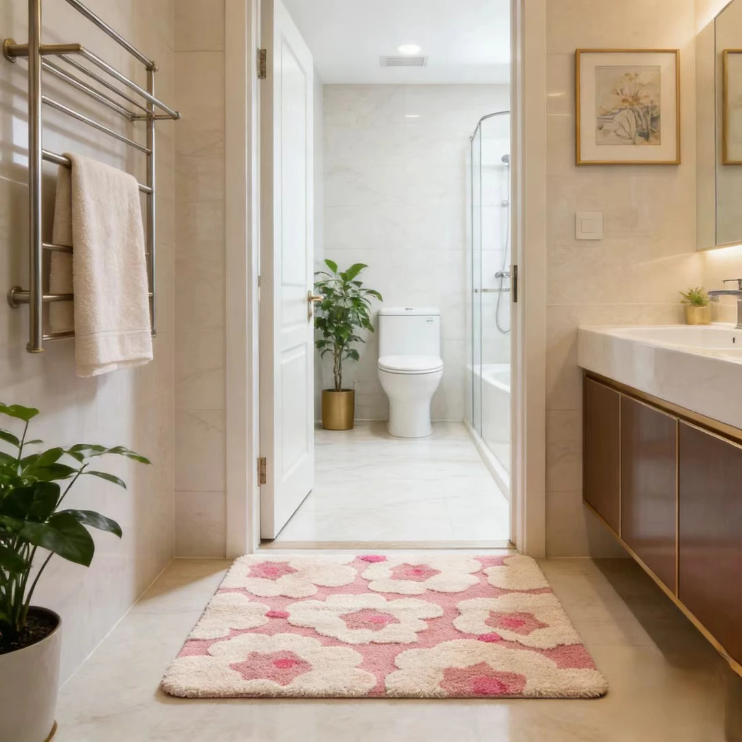 【爆款植绒 加厚款】浴室地垫吸水垫植绒可机洗防滑地毯-山茶花（粉）