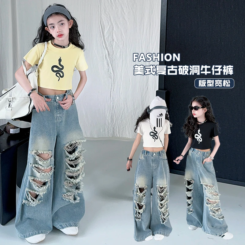 【酷哒仔】女童美式复古破洞牛仔裤子三色印花灵蛇上衣套装2025夏季