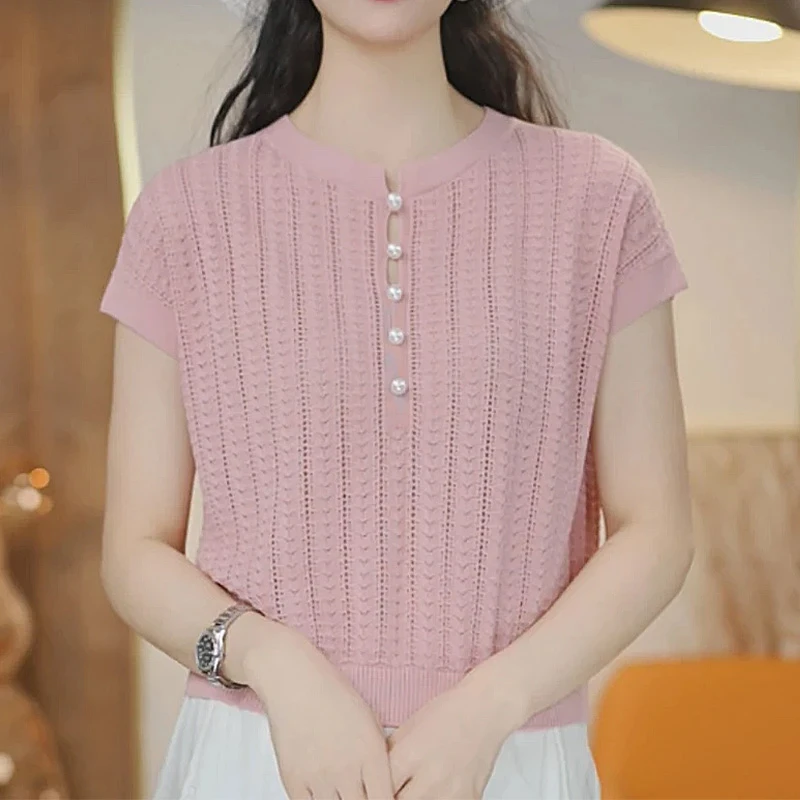 韩系时尚镂空钉珠短袖针织衫女2025夏季新款宽松休闲百搭体恤上衣