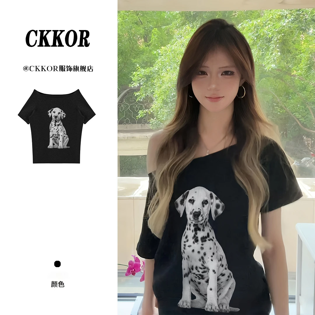 CKKOR美式性感一字领露肩短袖t恤女显瘦百搭网红时尚炸街新款女装