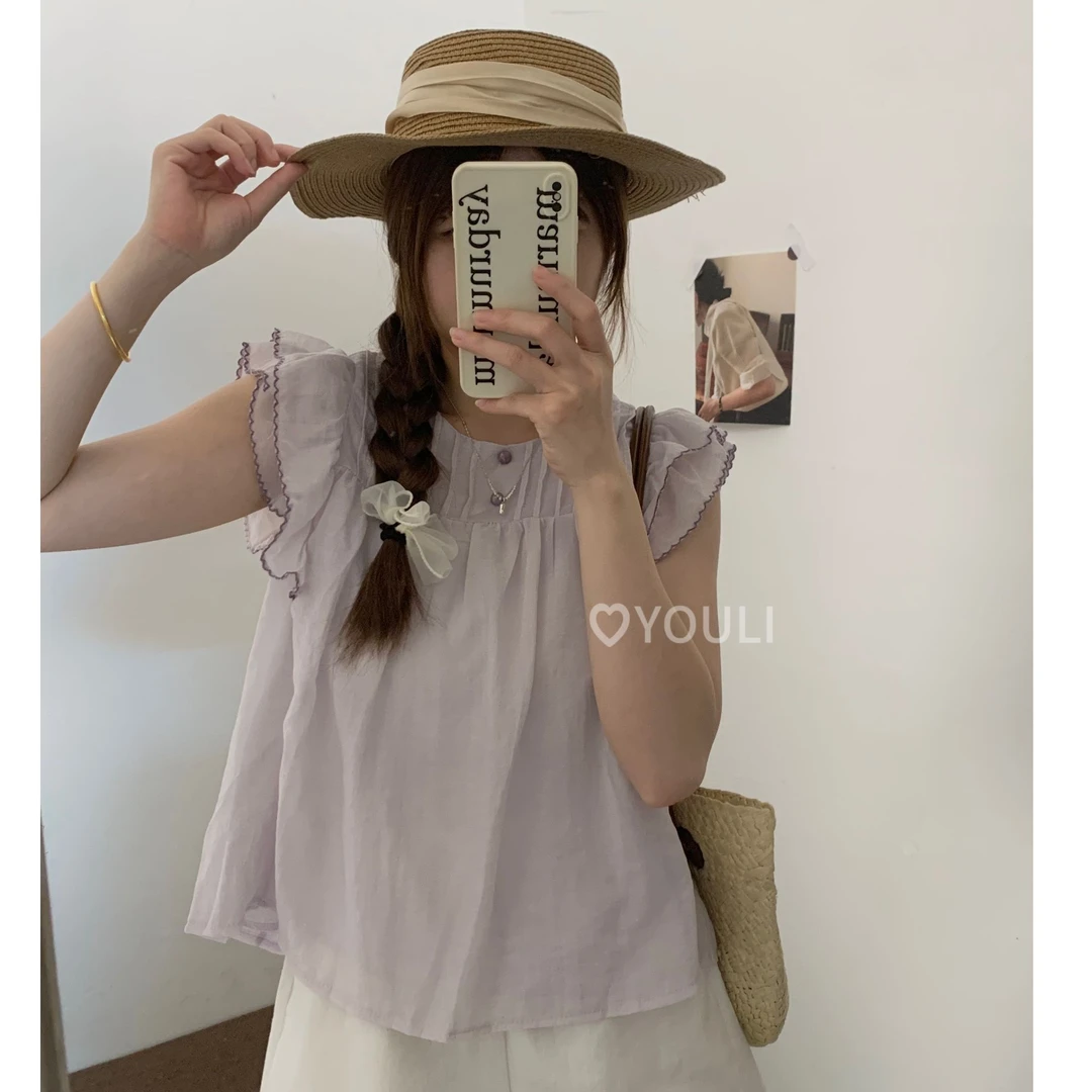 【乌梨】韩系甜美风圆领双层小飞袖衬衫女夏季别致上衣