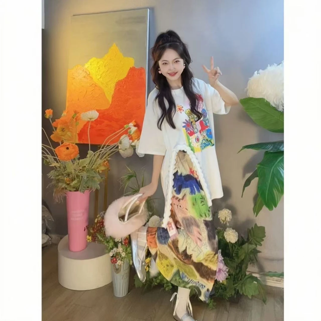 燃冉【小猫咪】夏季韩版印花休闲时尚半身裙设计感复古洋气半裙