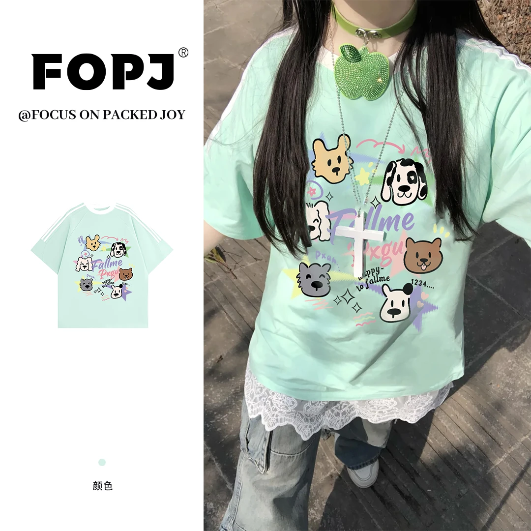 FOPJ潮版卡通小狗印花韩版三条杠短袖t恤女休闲时尚运动圆领上衣