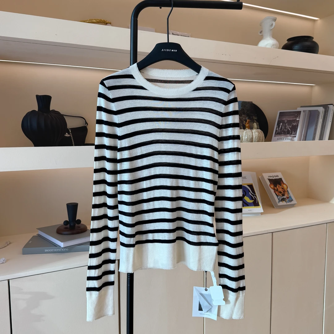 JAS 今屿 极简条纹撞色优雅气质百搭长袖针织衫qc JY252-DB-0877