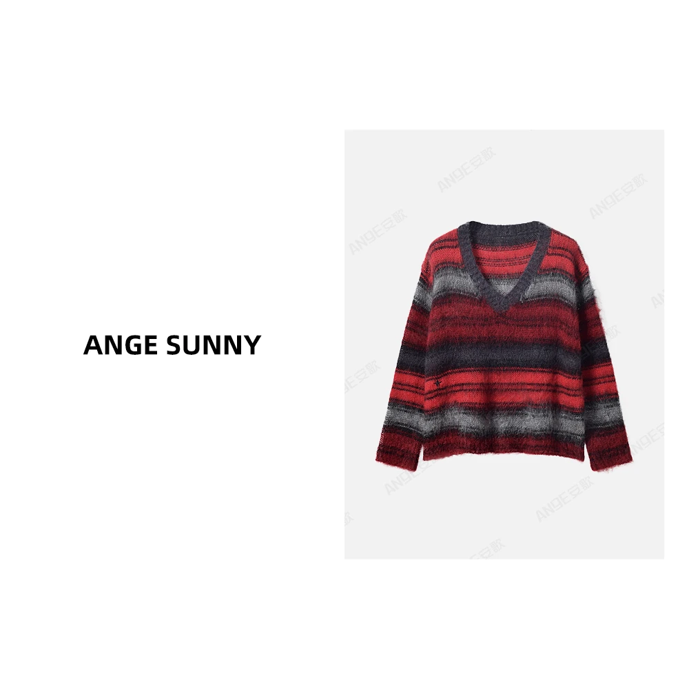 ANGE SUNNY【热巴同款 红色条纹毛衣】时尚新款 撞色条纹V领毛衣