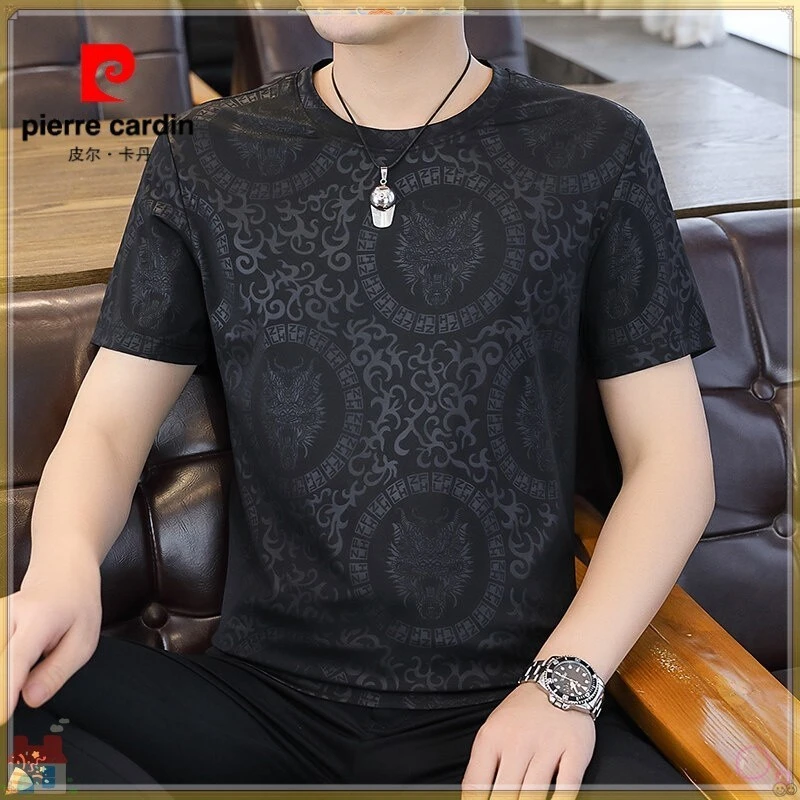 皮尔卡丹2025高档休闲宽松新款高密压花男士重磅圆领轻奢短袖TLz