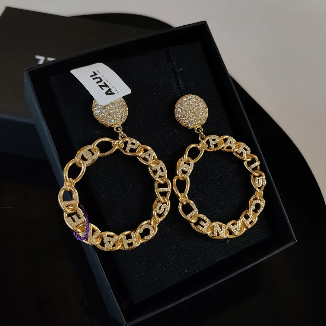 95新 Chanel/香奈儿 Azul-20A浅金色满钻字母镂空圆环耳钉49276