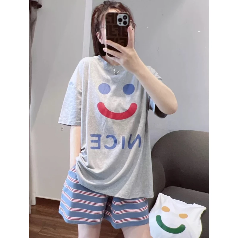 睡衣夏季女款纯棉短袖短裤休闲时尚家居服套装（可爱笑脸）