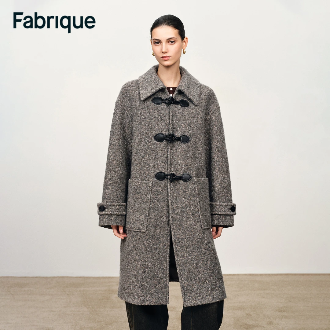 Fabrique Pentlow 烟灰混色绵羊毛圈圈毛呢牛角扣翻领中长款大衣