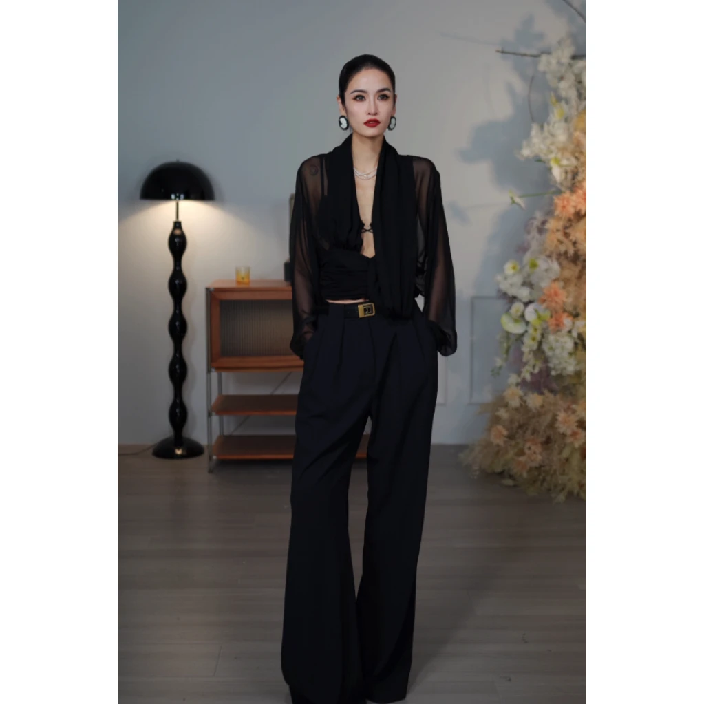 CHENG.程6店【雾纱】秀场高级夏季新款黑色透视桑蚕丝衬衫女