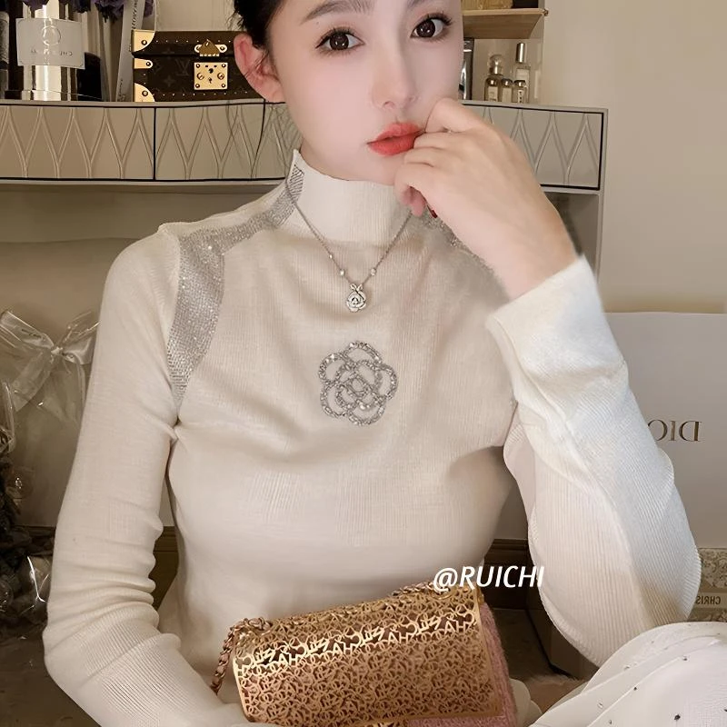 法式浪漫山茶花2026新款半高领袖口蕾丝拼接高级感打底衫上衣