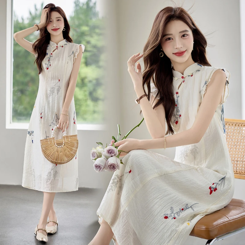 新中式连衣裙2025重工钩花鱼尾蕾丝裙女装唐装薄雾少女风文艺气质