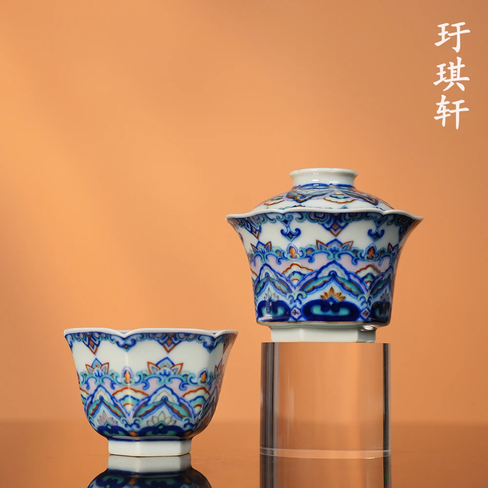 玗琪轩柴窑斗彩大唐盛世宝相茶器 景德镇全手工中式青花手绘茶具
