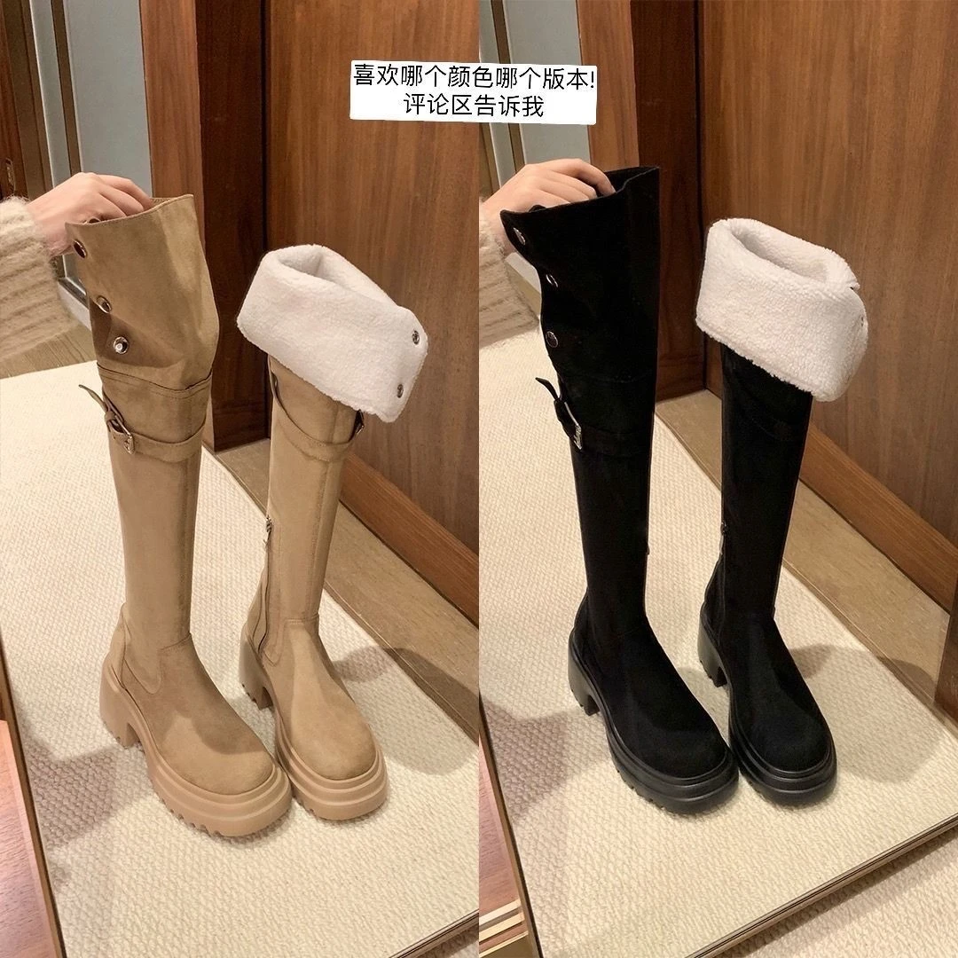 过膝两穿复古长靴女2025秋冬新款厚底百搭长筒靴加绒高筒骑士靴子