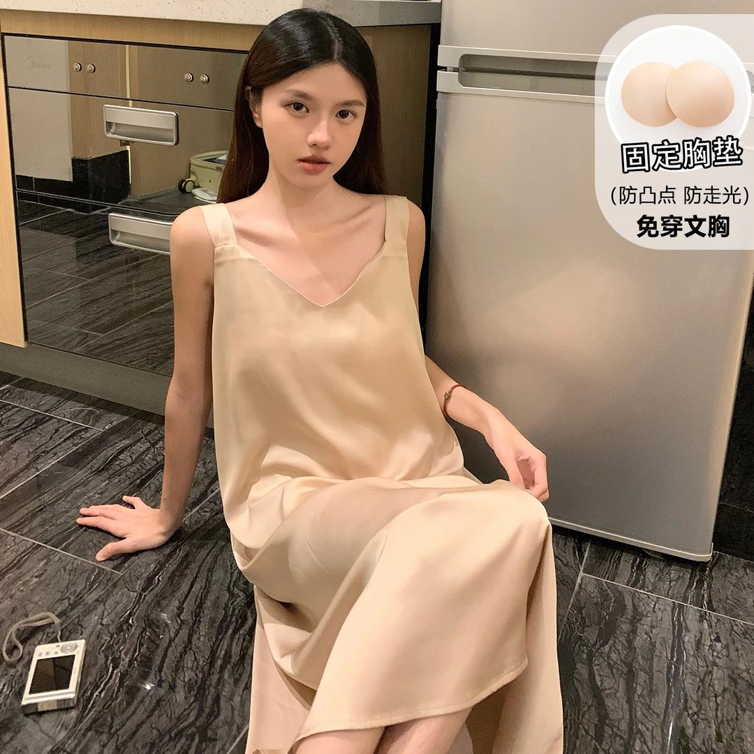 带胸垫无袖背心吊带睡裙女夏季2025新款睡衣薄款冰丝中长款连衣裙