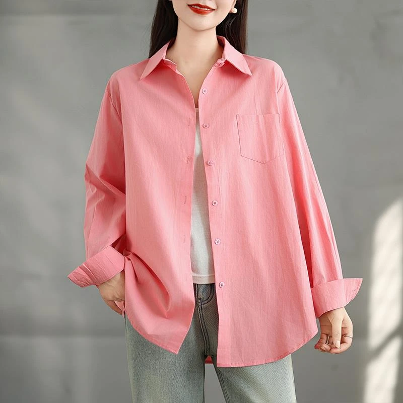 实拍2025秋装大码女装法式外搭男友风宽松粉色衬衫