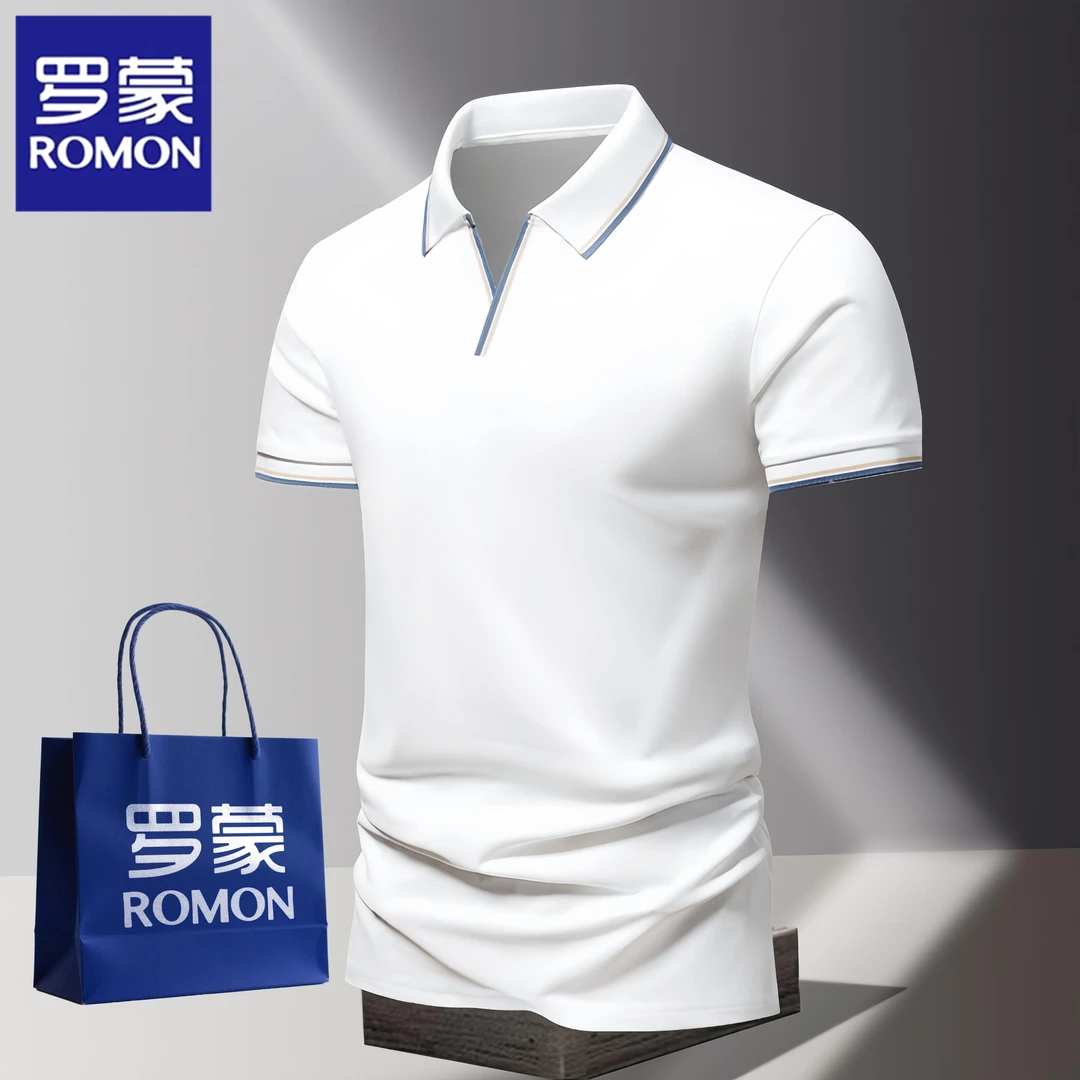 Romon/罗蒙夏季新款POLO衫男t恤纯色V领半袖商务白色短袖百搭上衣