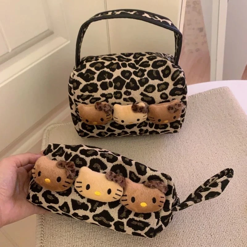 辣妹天菜！豹纹黑皮包包猫手提包大容量化妆包便携零钱包时尚百搭