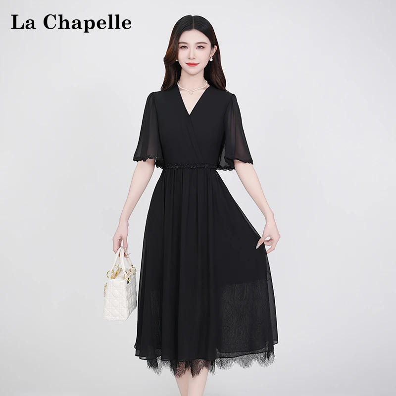 La Chapelle/拉夏贝尔纯色烫钻时尚黑色显瘦松紧腰轻奢长裙连衣裙
