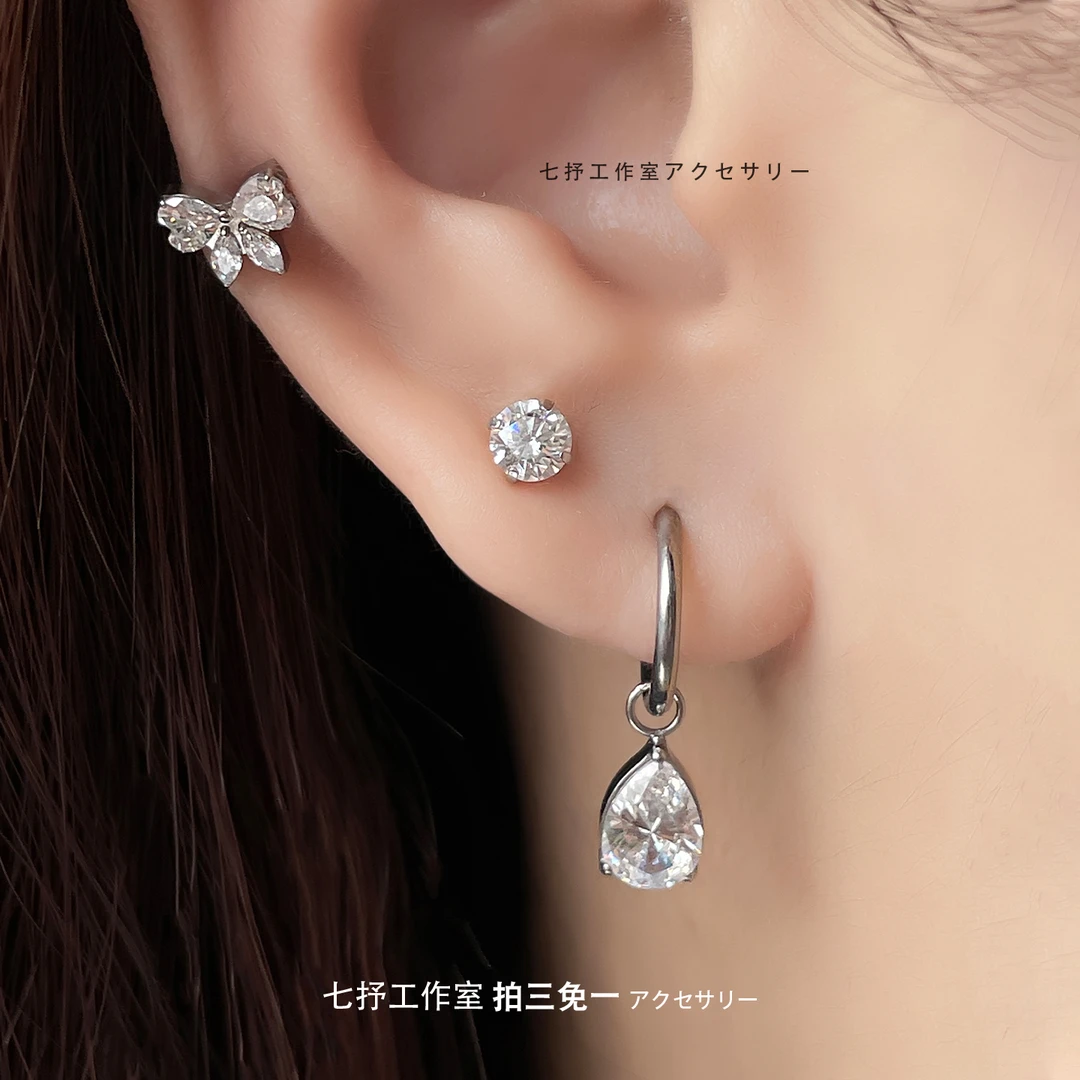 钛合金合成锆石耳饰 防敏耳钉养耳洞女蝴蝶结耳钉耳环爆闪高级感
