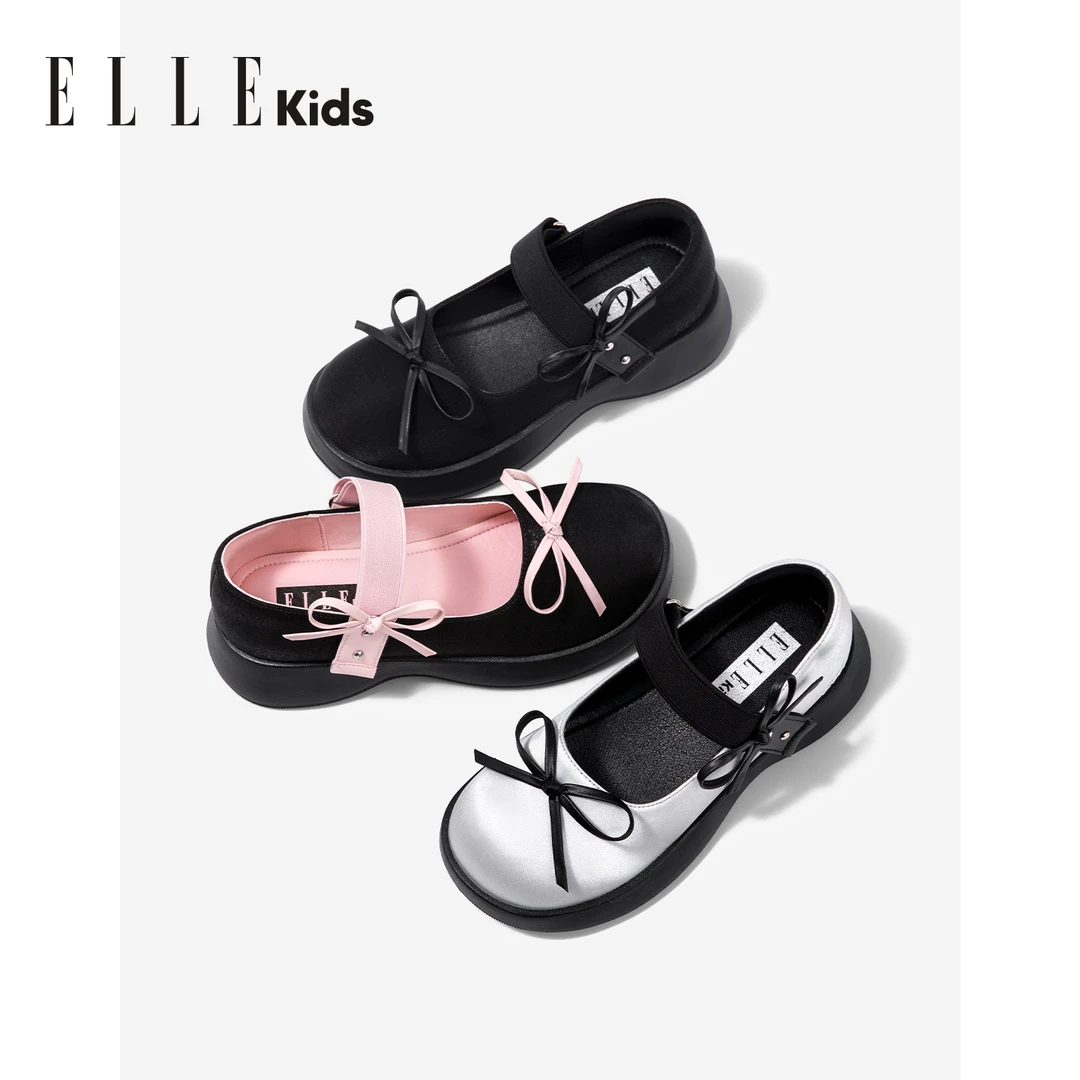 ELLE KIDS儿童皮鞋2025秋季新款蝴蝶结女童公主鞋银色小女孩单鞋