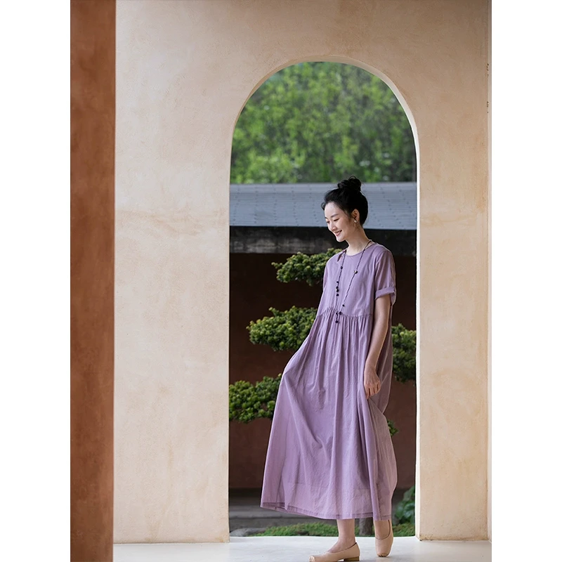牧衣游原创 100支全棉连衣裙新款轻薄柔软舒适纯色文艺长裙 月观