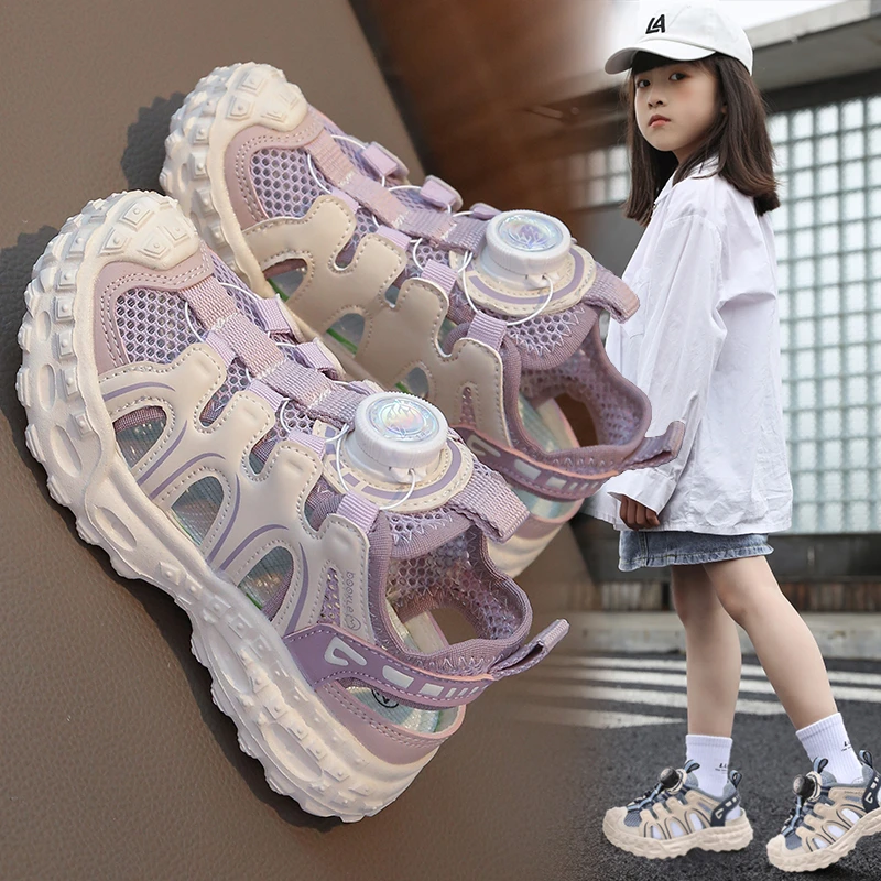 ABC夏季儿童2025透气旋转纽扣包头运动沙滩凉鞋男女大童轻便耐磨