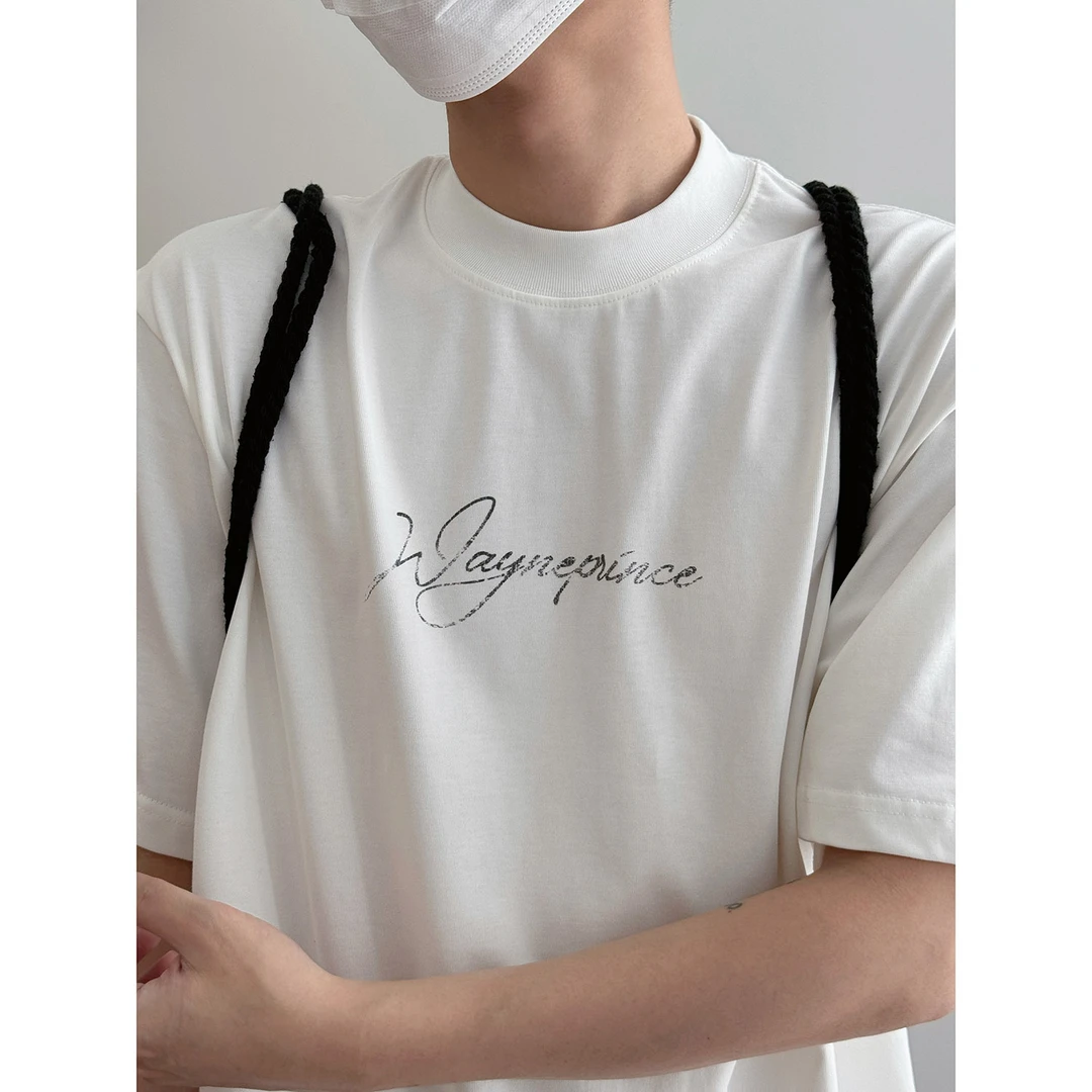 19studio WAYNEPRINCE 小领口手写体印花短袖t恤宽松圆领休闲上衣