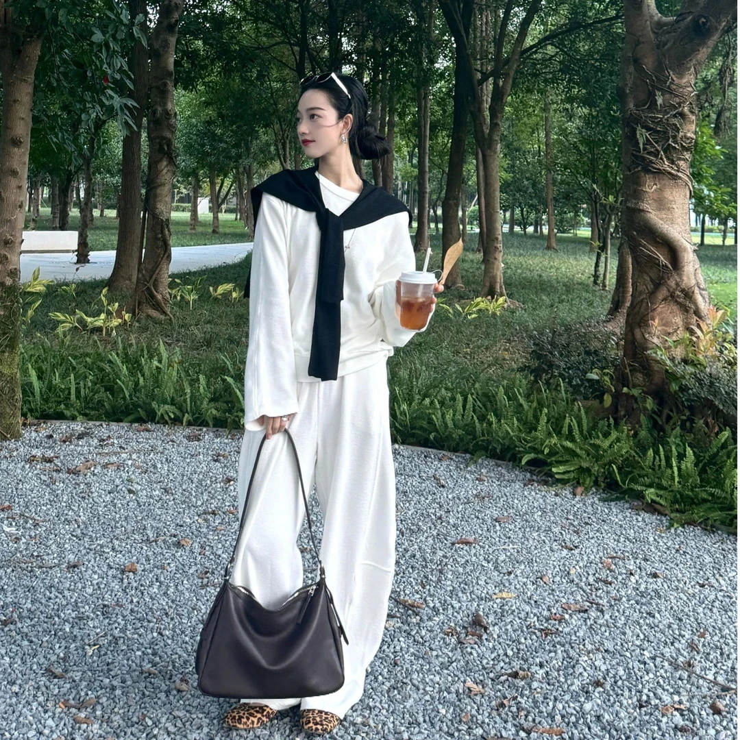 极简风白色卫衣套装女秋季新款慵懒宽松美式休闲上衣阔腿裤两件套
