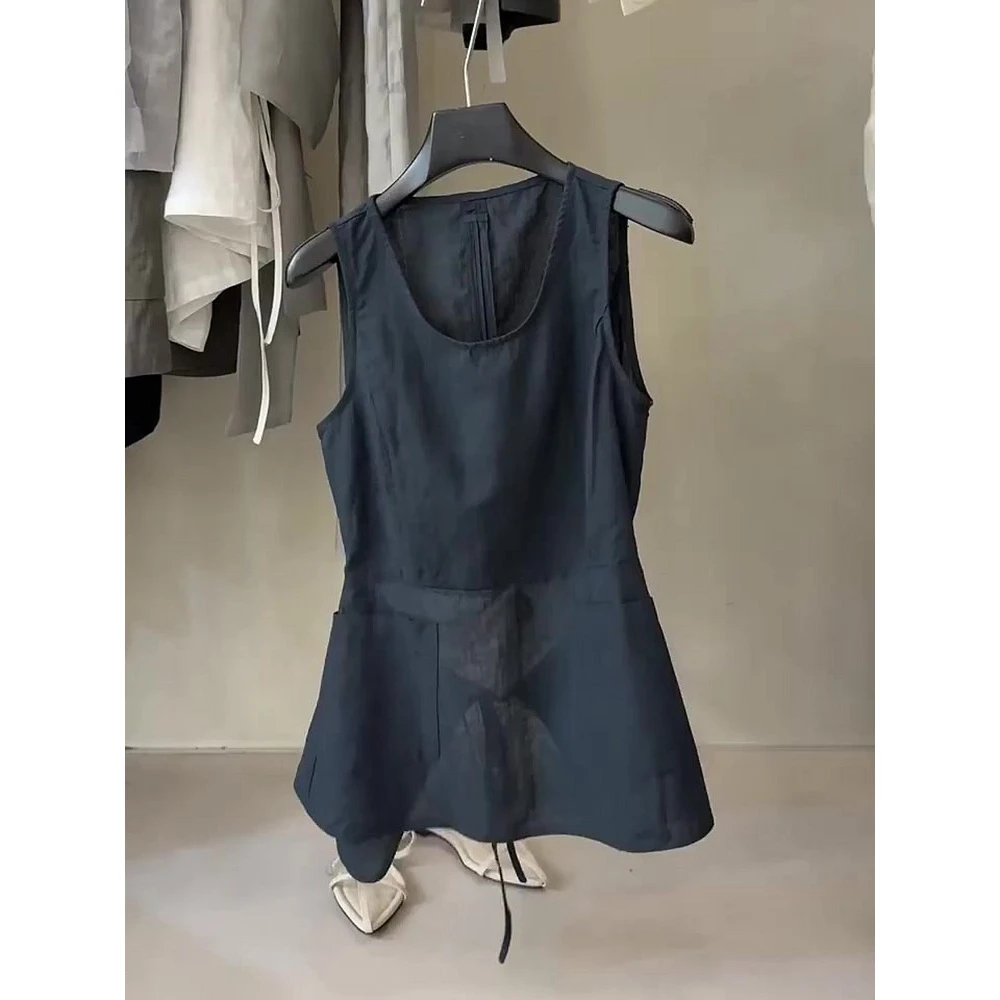 一眼就爱上了，慵懒风宽松圆领无袖衬衫藏蓝色时尚背心小衫女夏季