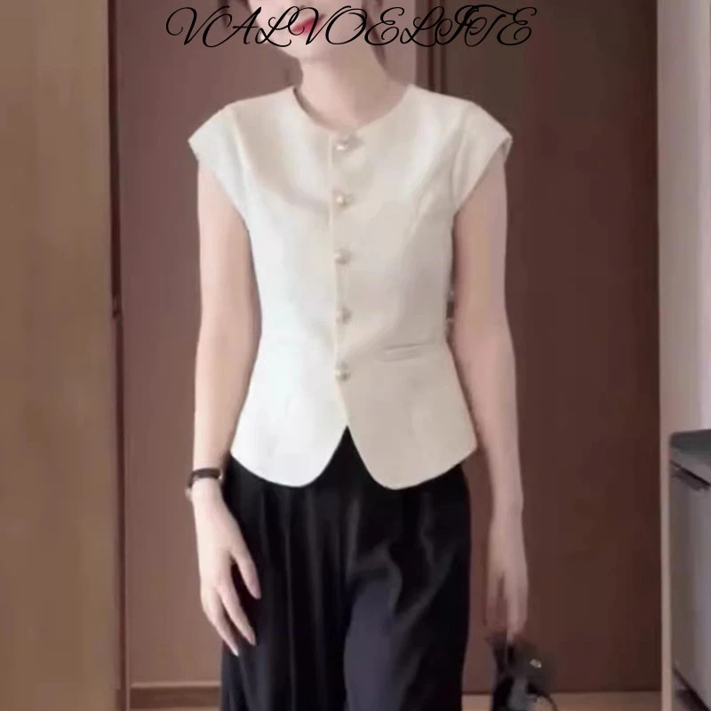 2025新款时尚套装白色马甲高腰阔腿裤盐系轻熟两件套装女夏季新款