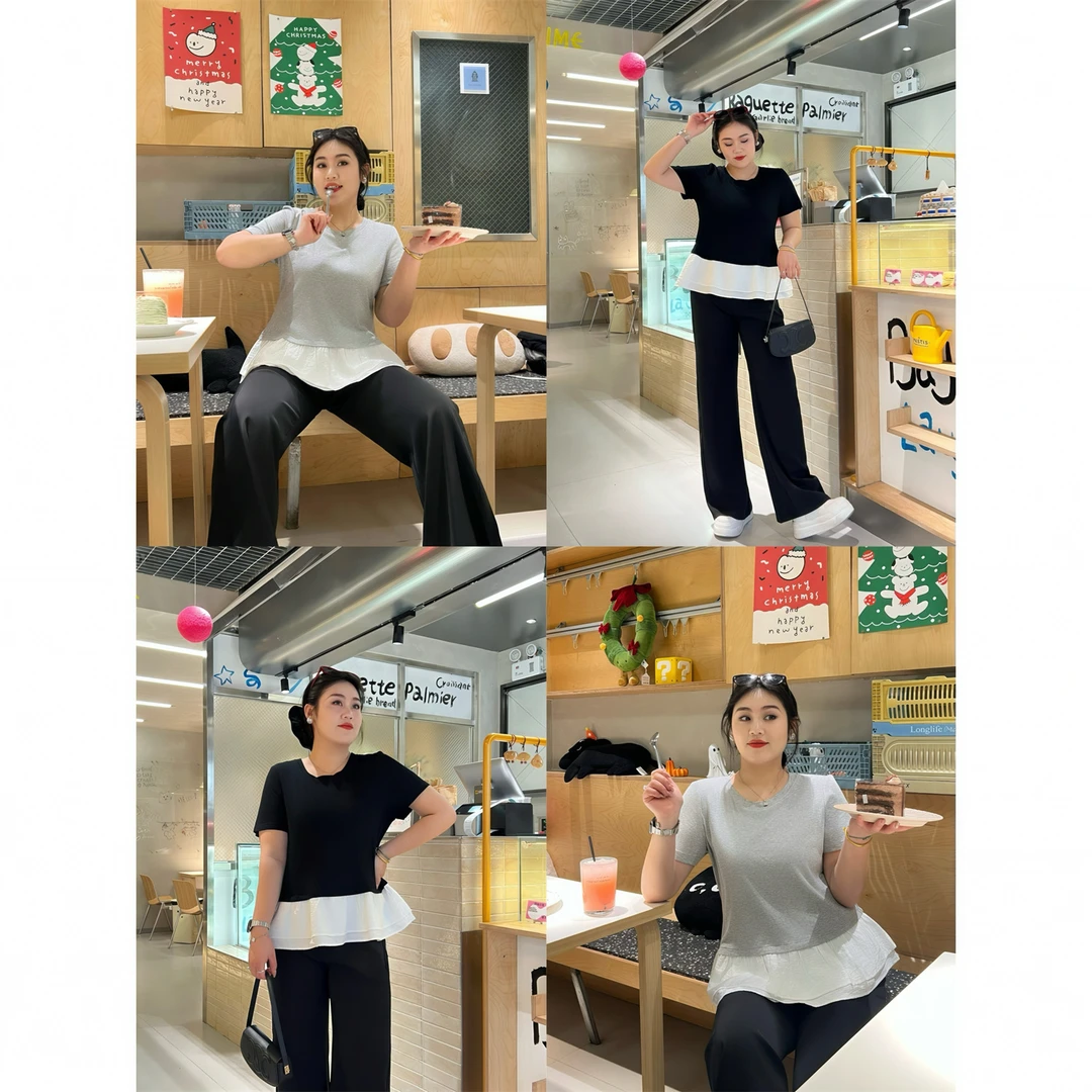 雪吻松露 / 小香风假两件花边短袖T恤14155花契大码200斤胖mm显瘦