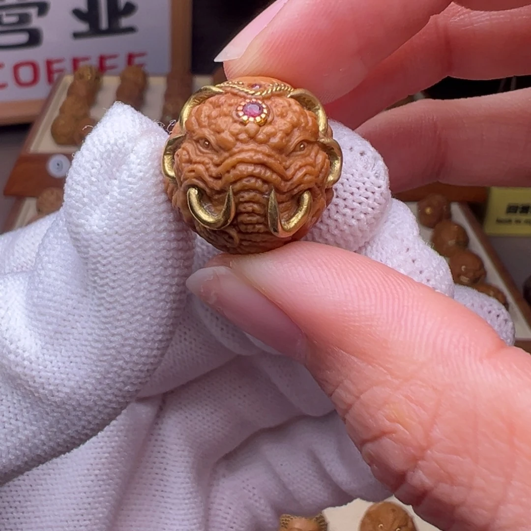 把件猴头核桃镶嵌款象神唐狮全品有正常封口线