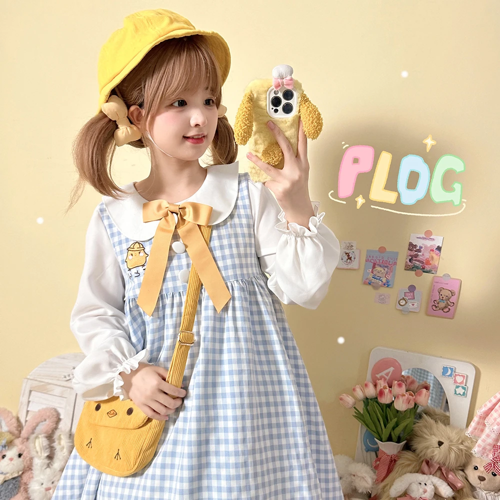 【To Alice】熊之原创熊之原创小黄鸡学园格子拼接娃娃长袖连衣裙