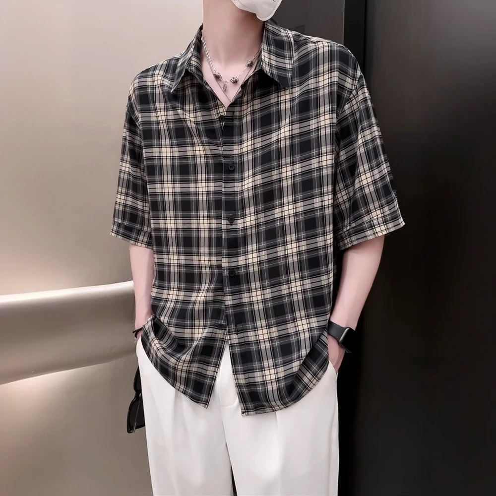 夏季高级垂感格子衬衫男短袖痞帅上衣韩系潮流休闲薄款五分袖衬衣