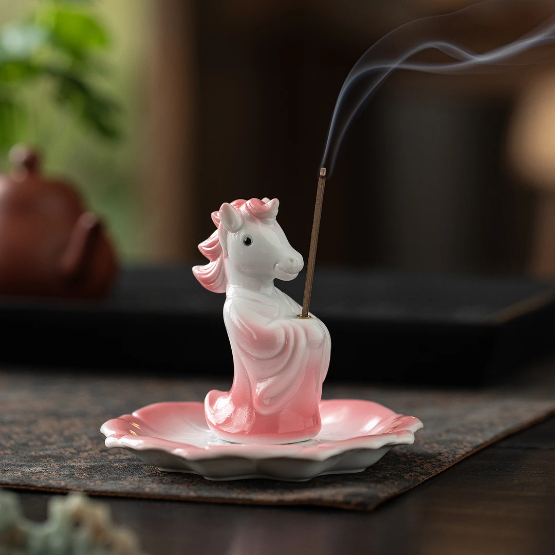 陶瓷小马香插可爱线香插香座托盘香道茶道桌面装饰摆件马年吉祥物