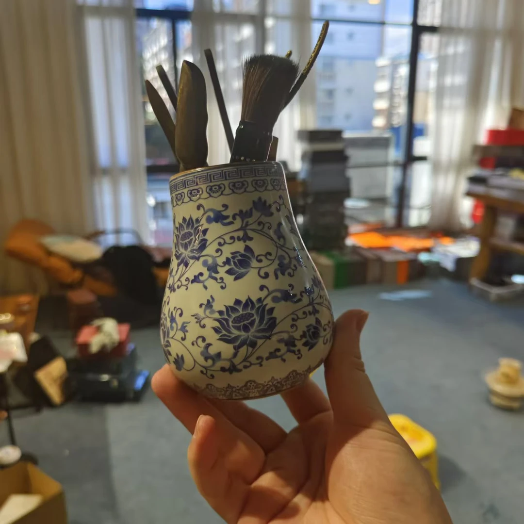 沐雨茶具 米黄汝窑青花勾藤缠枝莲六君子桌面工具-4469（直播专享）