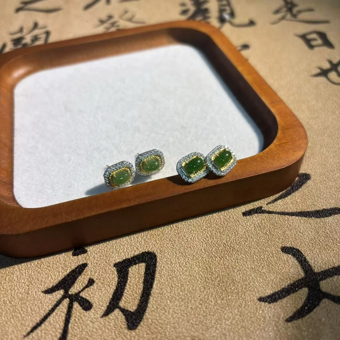 S925和田玉碧玉方形耳钉*（多样性发一件）