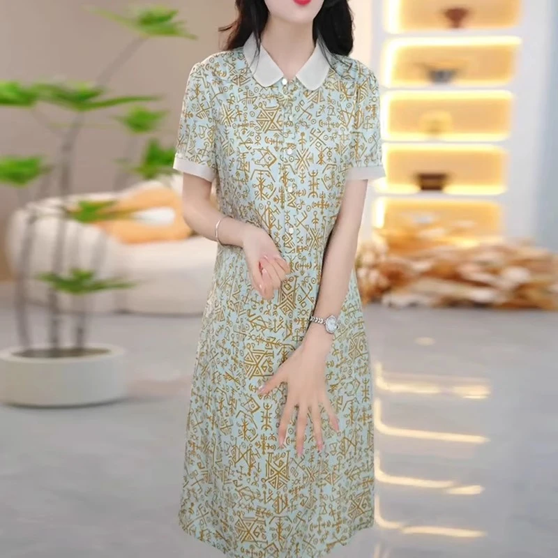 时尚印花短袖连衣裙2025夏季新款年轻妈妈气质减龄娃娃领薄款裙子